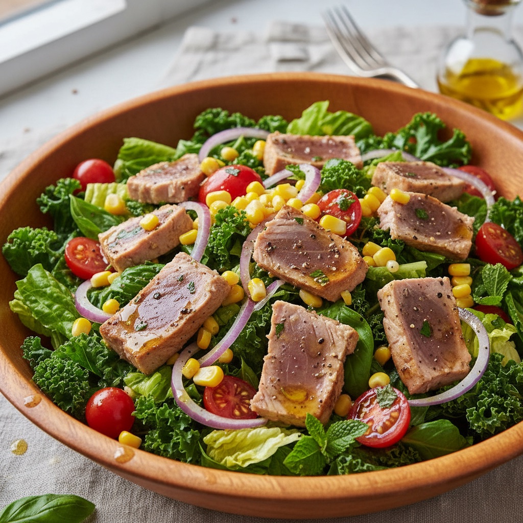 Taze Ton Balıklı, Mısırlı ve Karışık Yeşillikli Salata