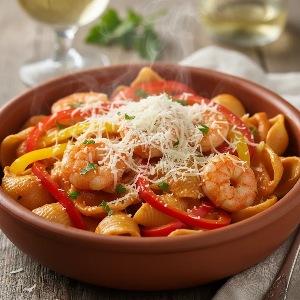 Cremige Pasta mit rotem Pesto und Garnelen