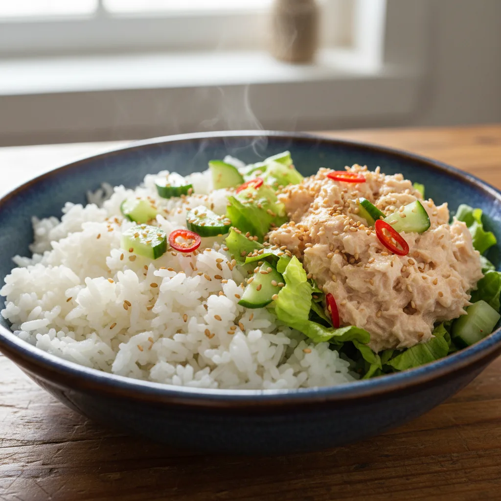 10-Minuten-Reisschüssel mit scharfem Thunfisch-Mayo