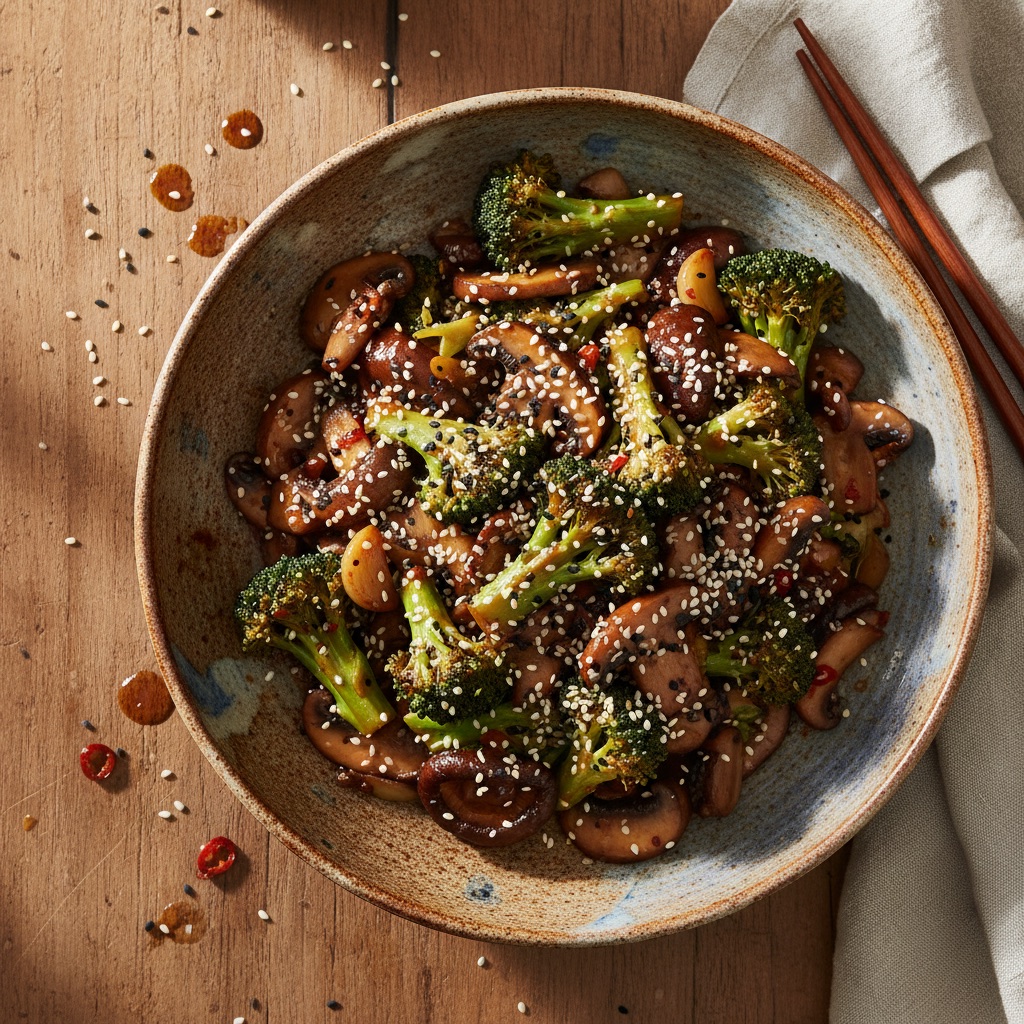 Brokkoli-Pilz-Pfanne mit Knoblauch und Soja