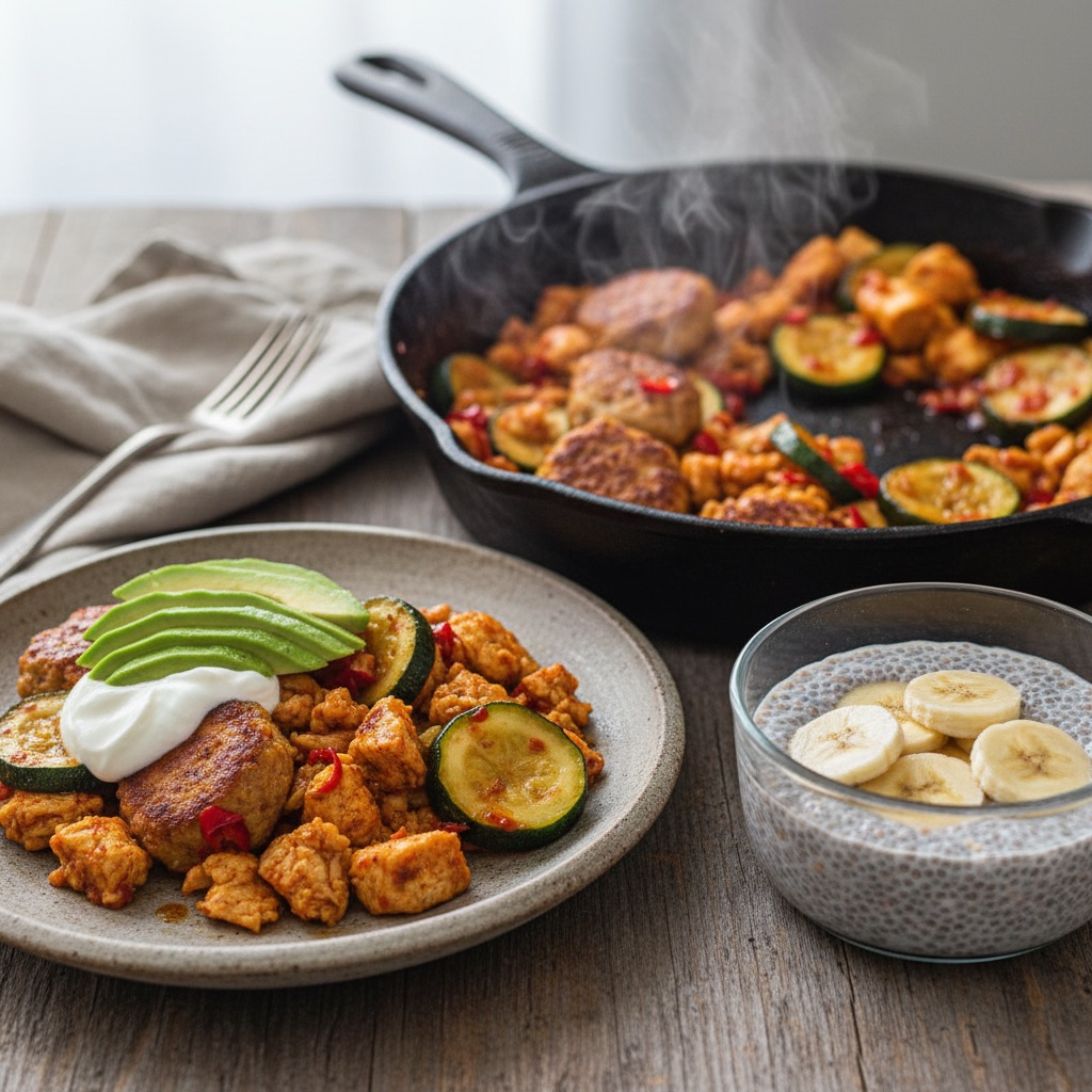 Kuře se sladkým chilli z jedné pánve a chia dezert s banánem