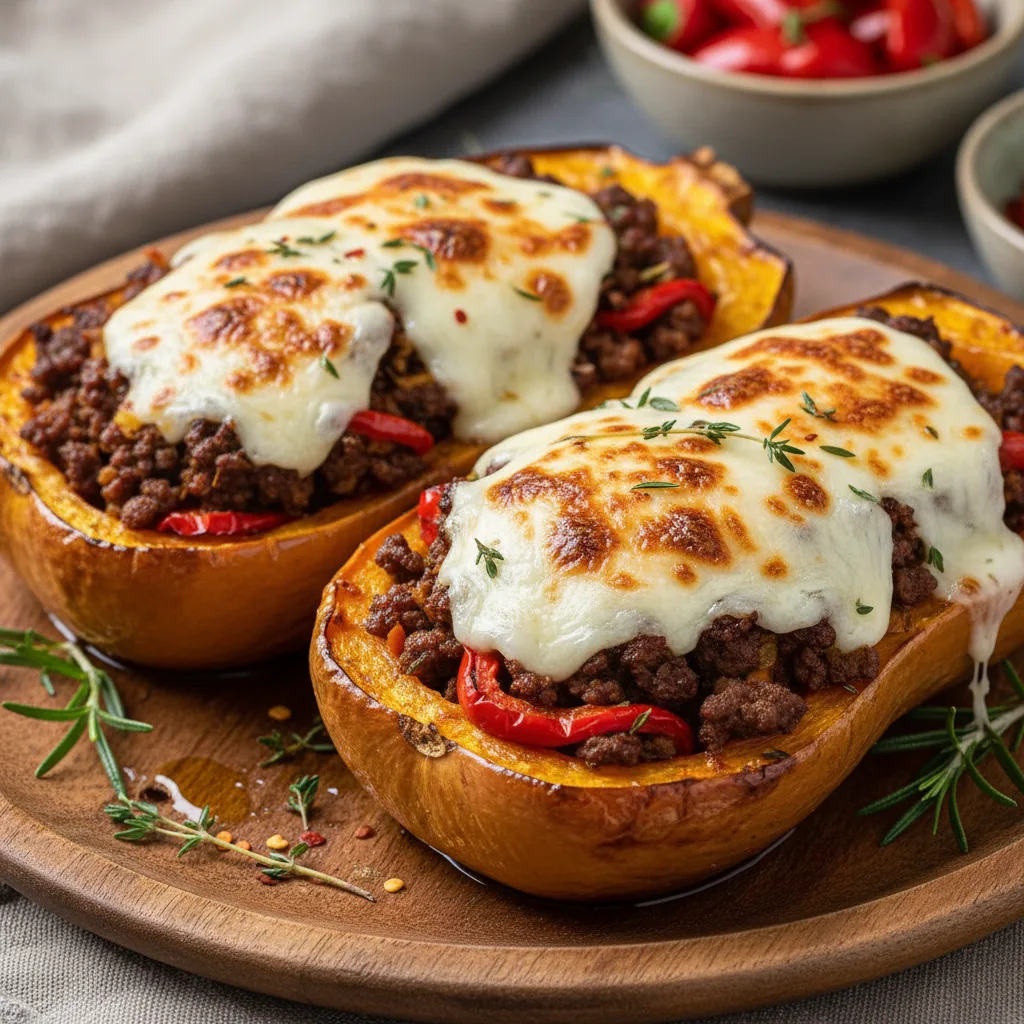 Cheesy Minced Meat Stuffed Butternut Squash