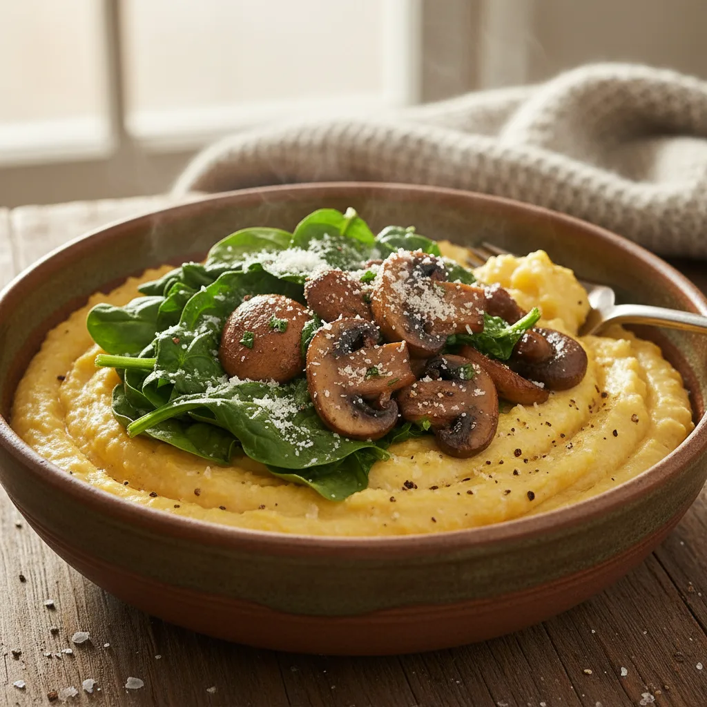 Cremet popcorn-polenta med hvidløgsstegte svampe og spinat