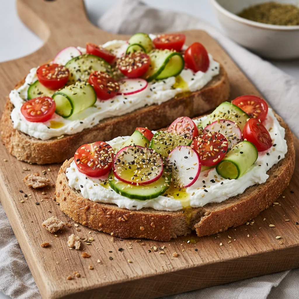 Bohatý toast s labnehem a zeleninou