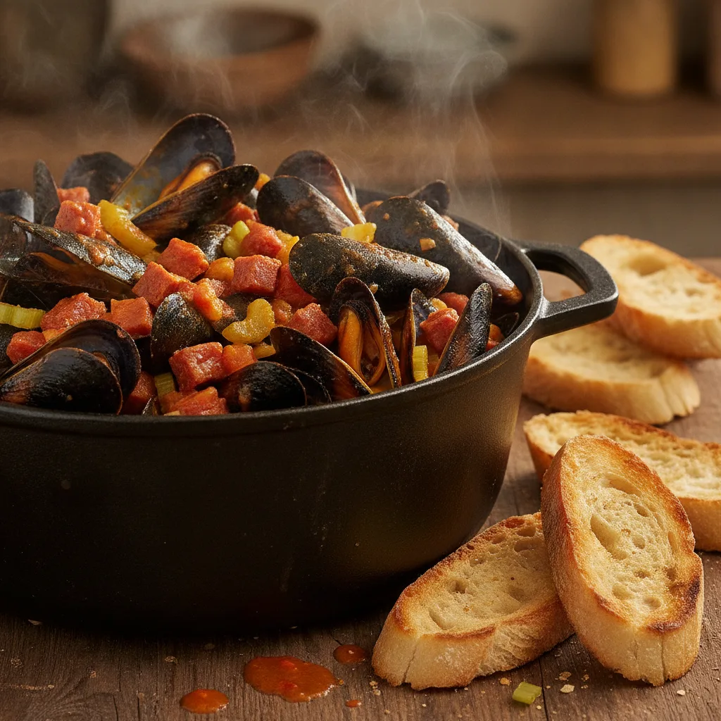 मसालेदार चोरिज़ो और टमाटर के साथ मूसल (Mussels)