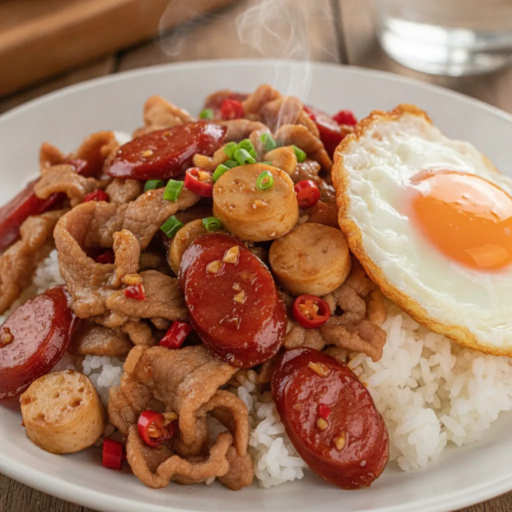 Porc émincé et saucisses sautés au piment frais