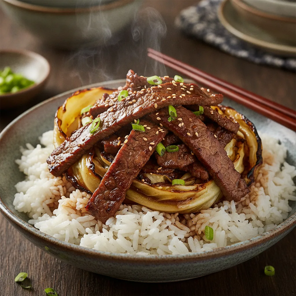 Tumis Sapi dan Kubis Jahe-Kedelai yang Mendesis