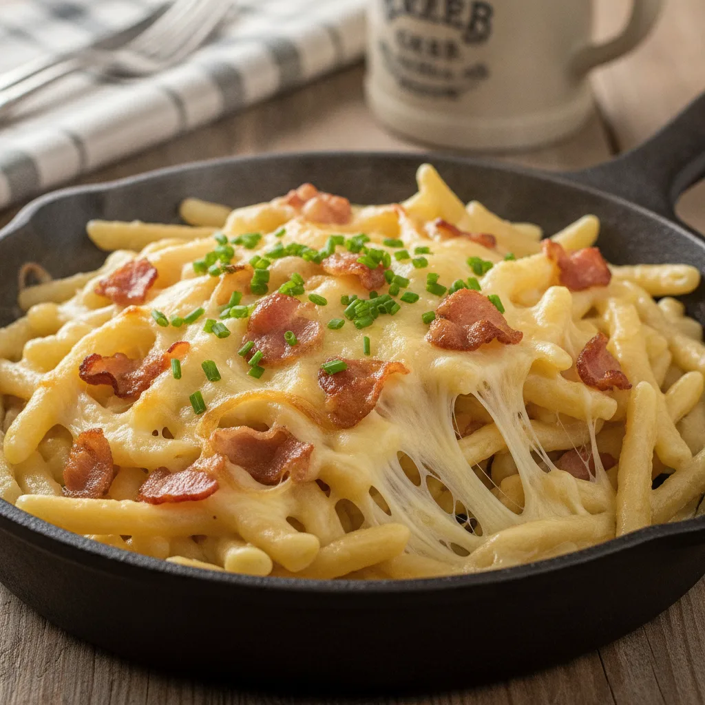 Deftige Käsespätzle mit Speck und Zwiebeln