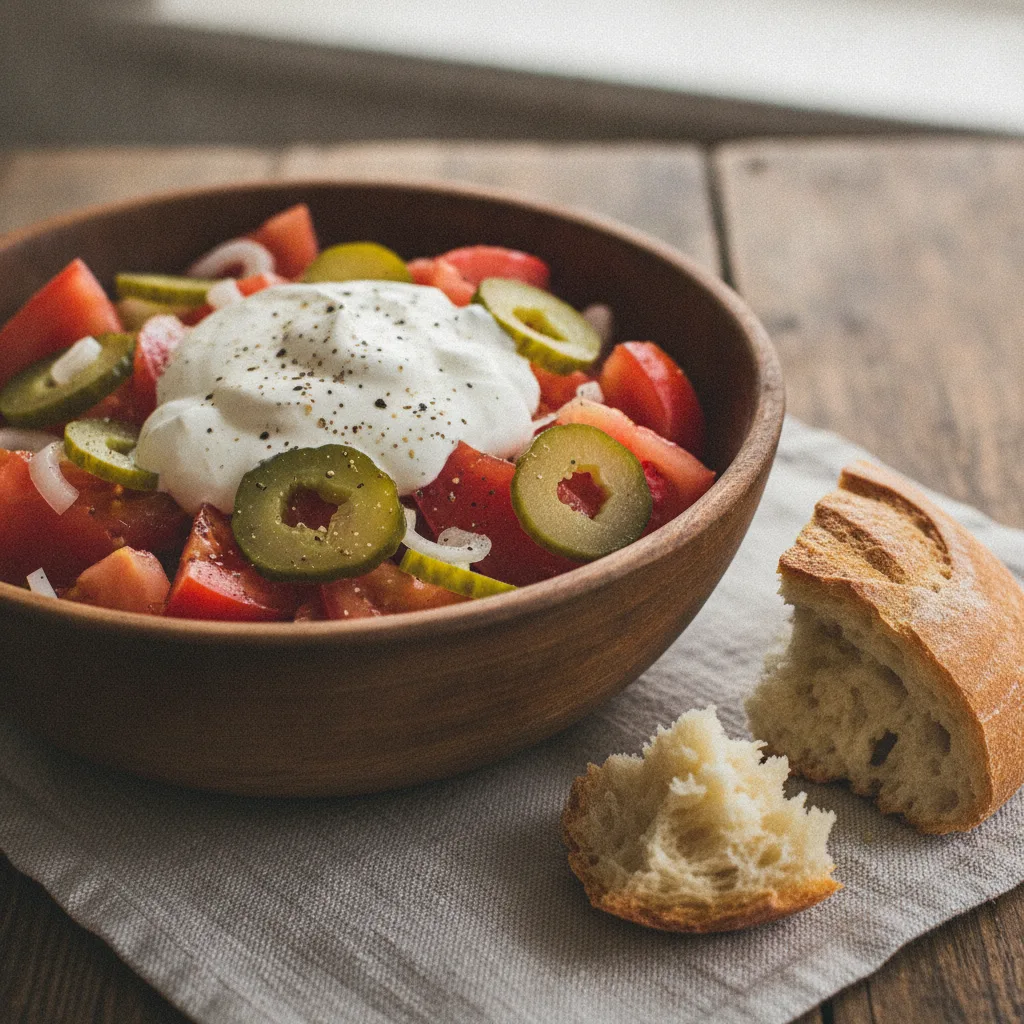 Ensalada tradicional de tomate y pepinillos fermentados
