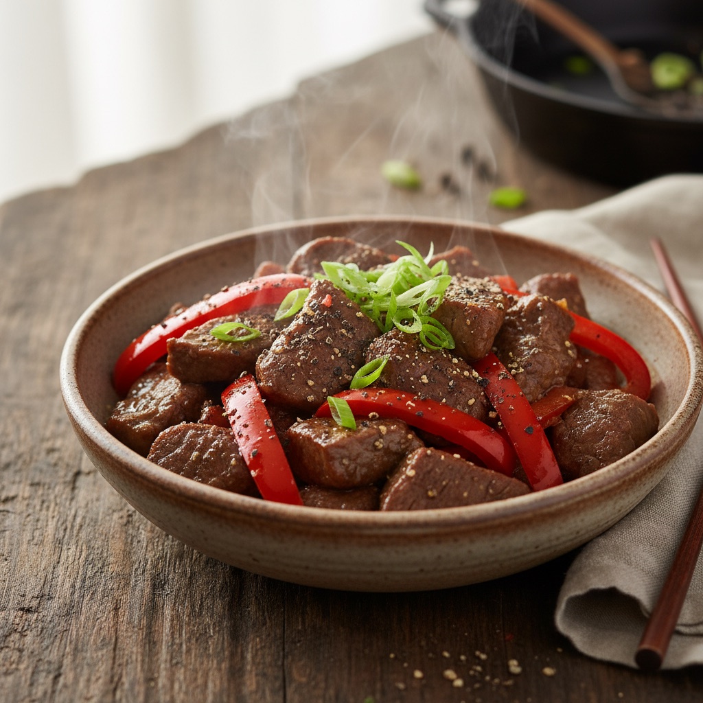 Manzo al Pepe Nero con Peperoni Rossi