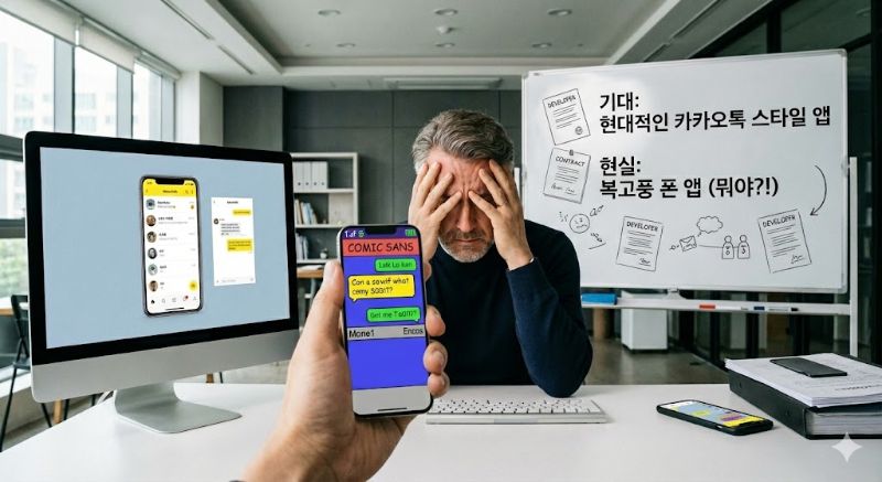 외주 개발의 기대와 현실: 세련된 카카오톡 스타일 앱을 기대했지만 촌스러운 구형 폰 스타일 앱을 받고 좌절하는 CEO