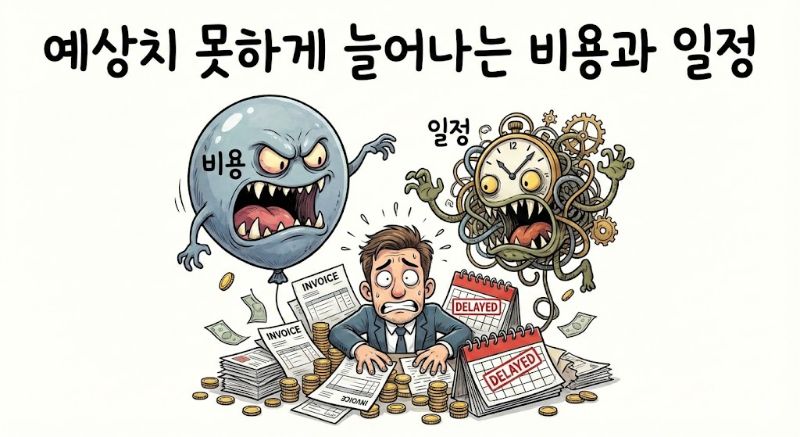 계속 늘어나는 개발 외주 견적서와 계산기, 그리고 도장이 찍힌 계약서