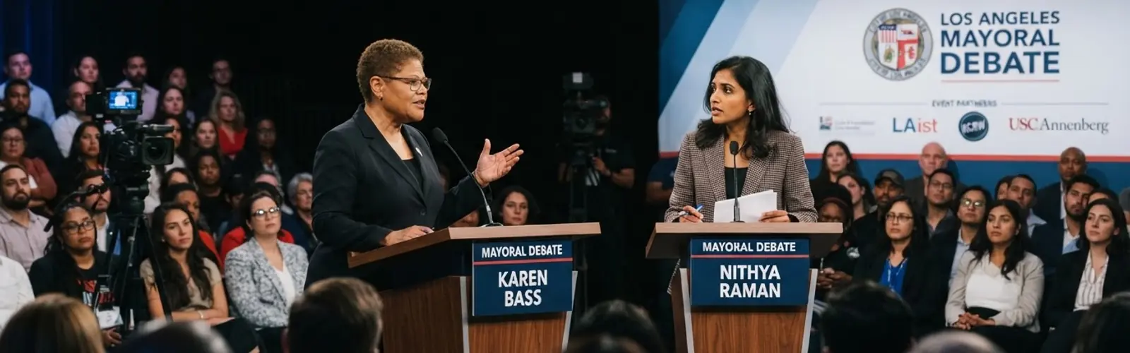 Mayoral election debate in Los Angeles between candidates Karen Bass and Nithya Raman