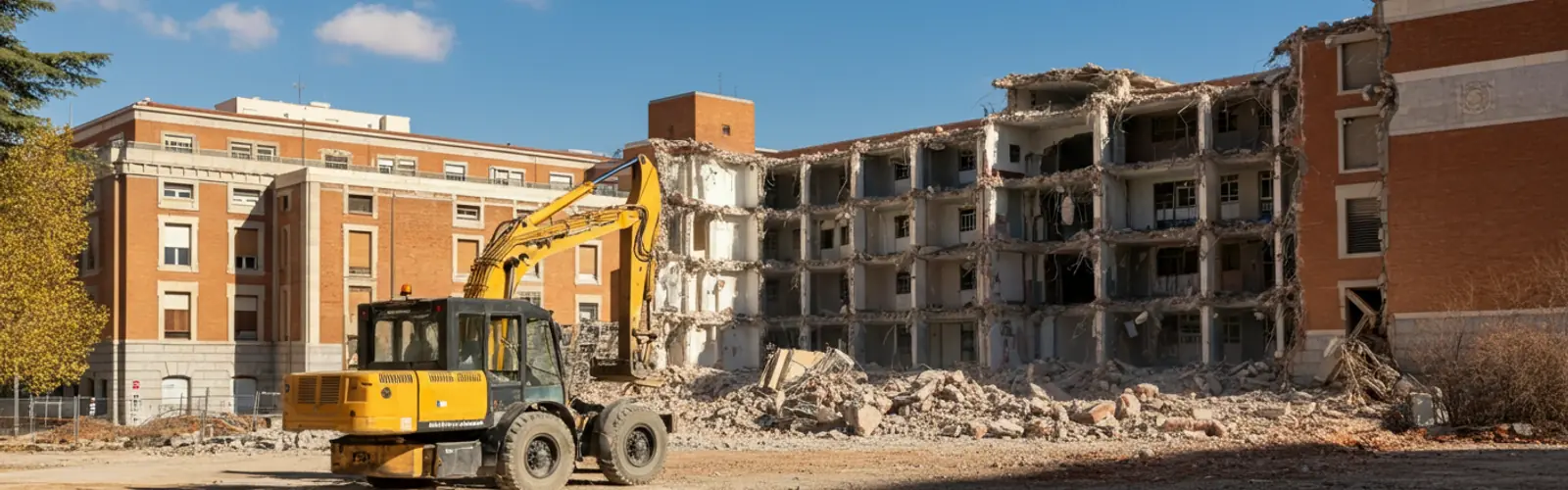 Demolición completa de la antigua Residencia General del Hospital 12 de Octubre en Madrid