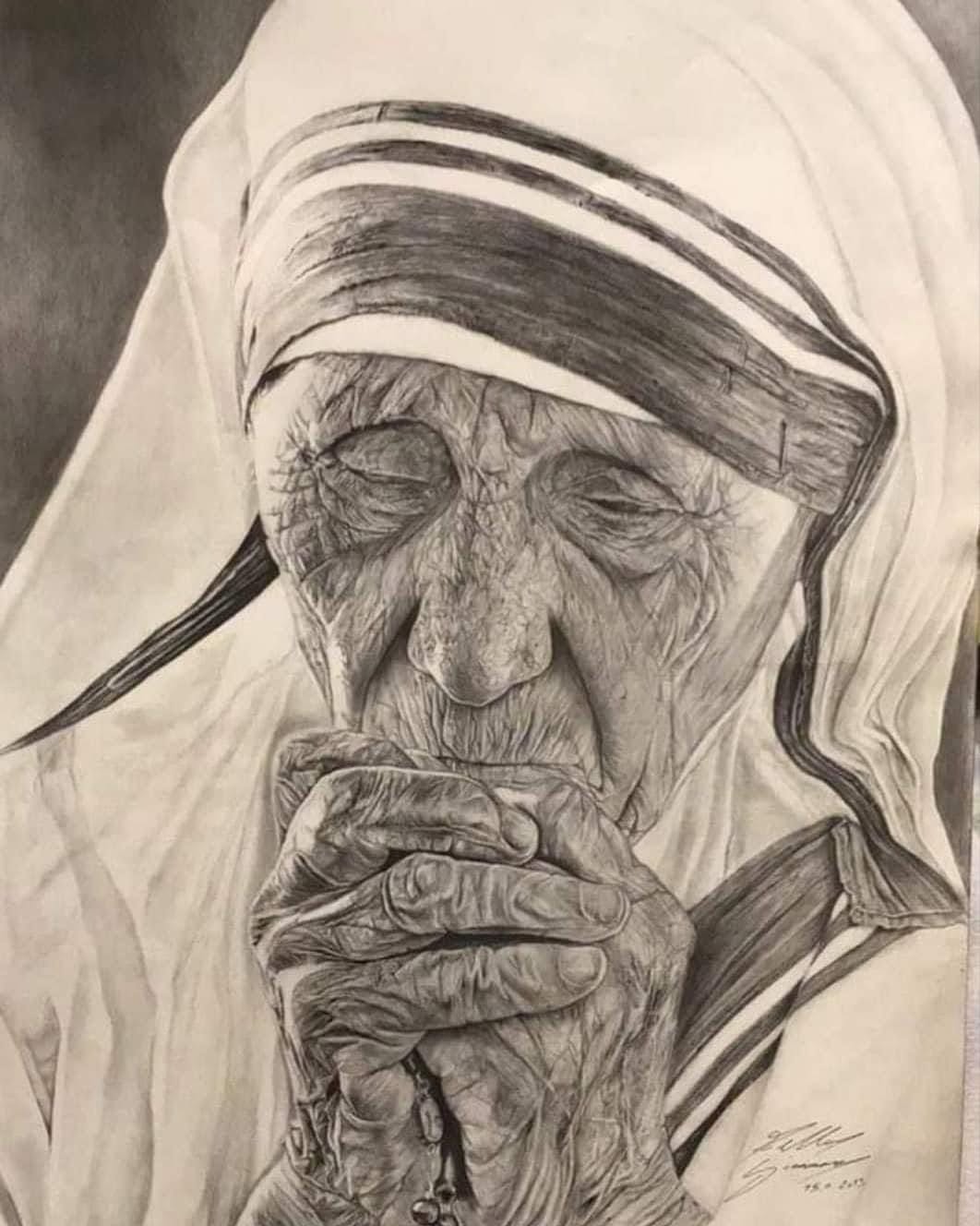 Maria Teresa di Calcutta disegno ritratto portrait hyperrealism klirò clizia omarini arte lezione pittura Roma