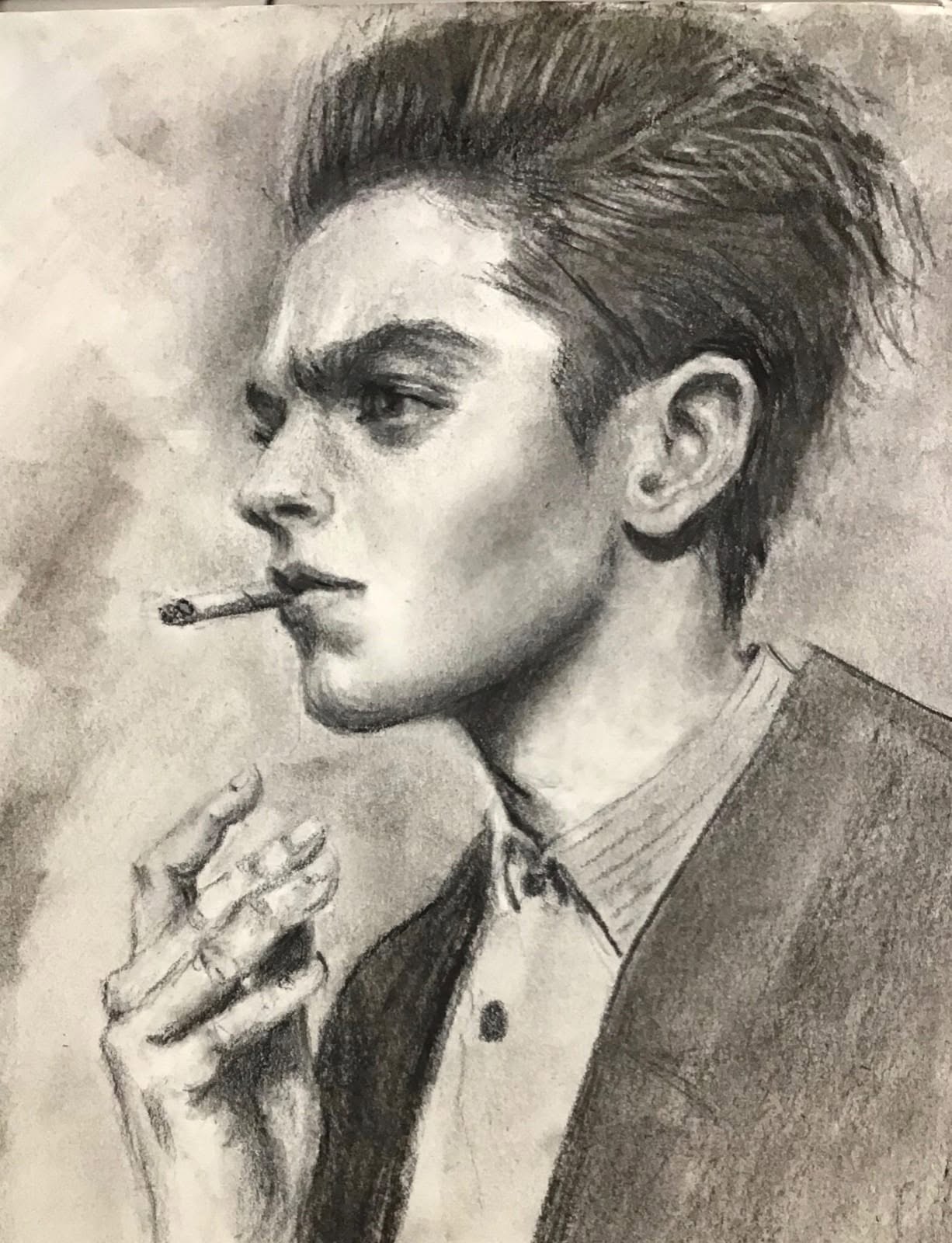 ritratto di klirò a carboncino di ragazzo con sigaretta 