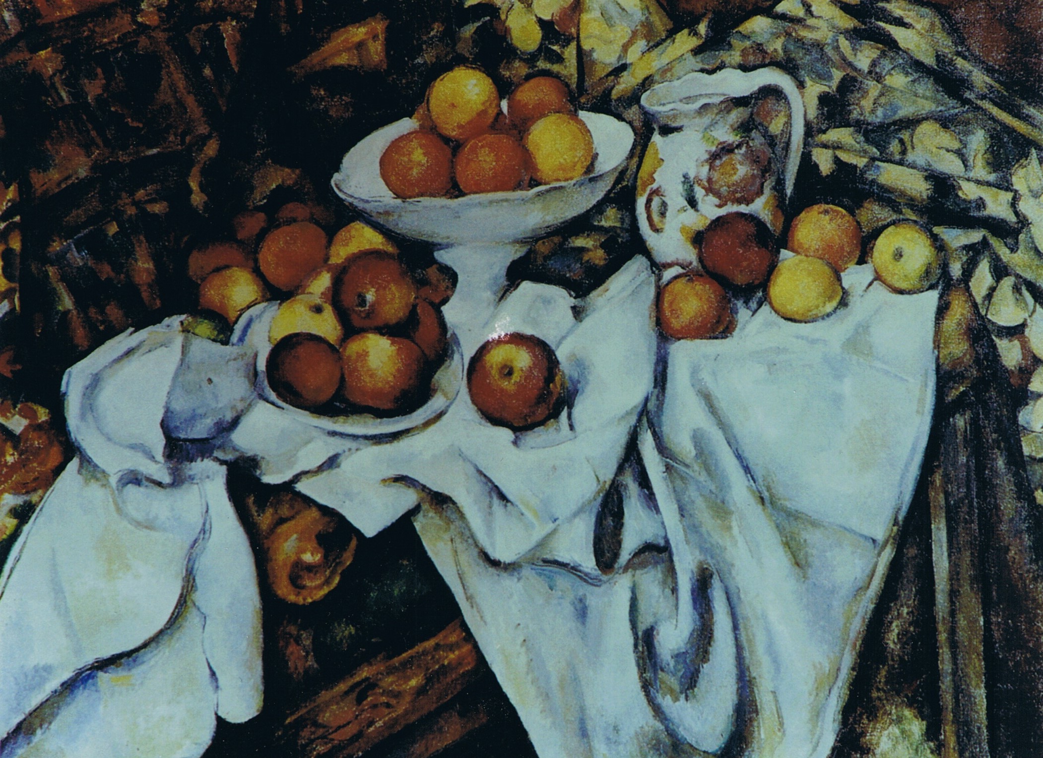 Paul Cezanne  Natura morta con tenda, fruttiera, caraffa e frutta klirò clizia omarini falso d'autore copia