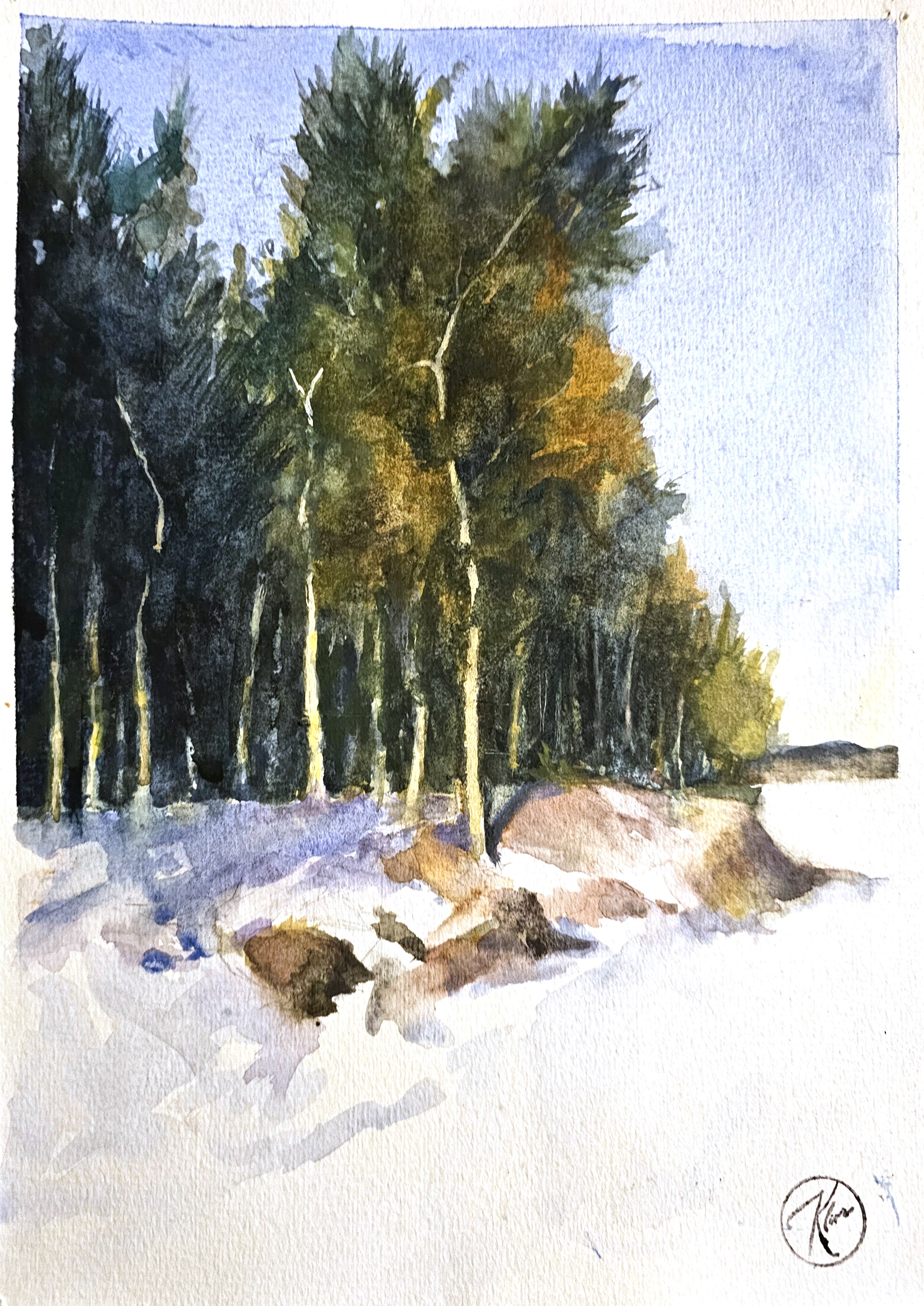 Dipinto ad acquerello di Klirò di paesaggio invernale raffigurante un boschetto nella neve 