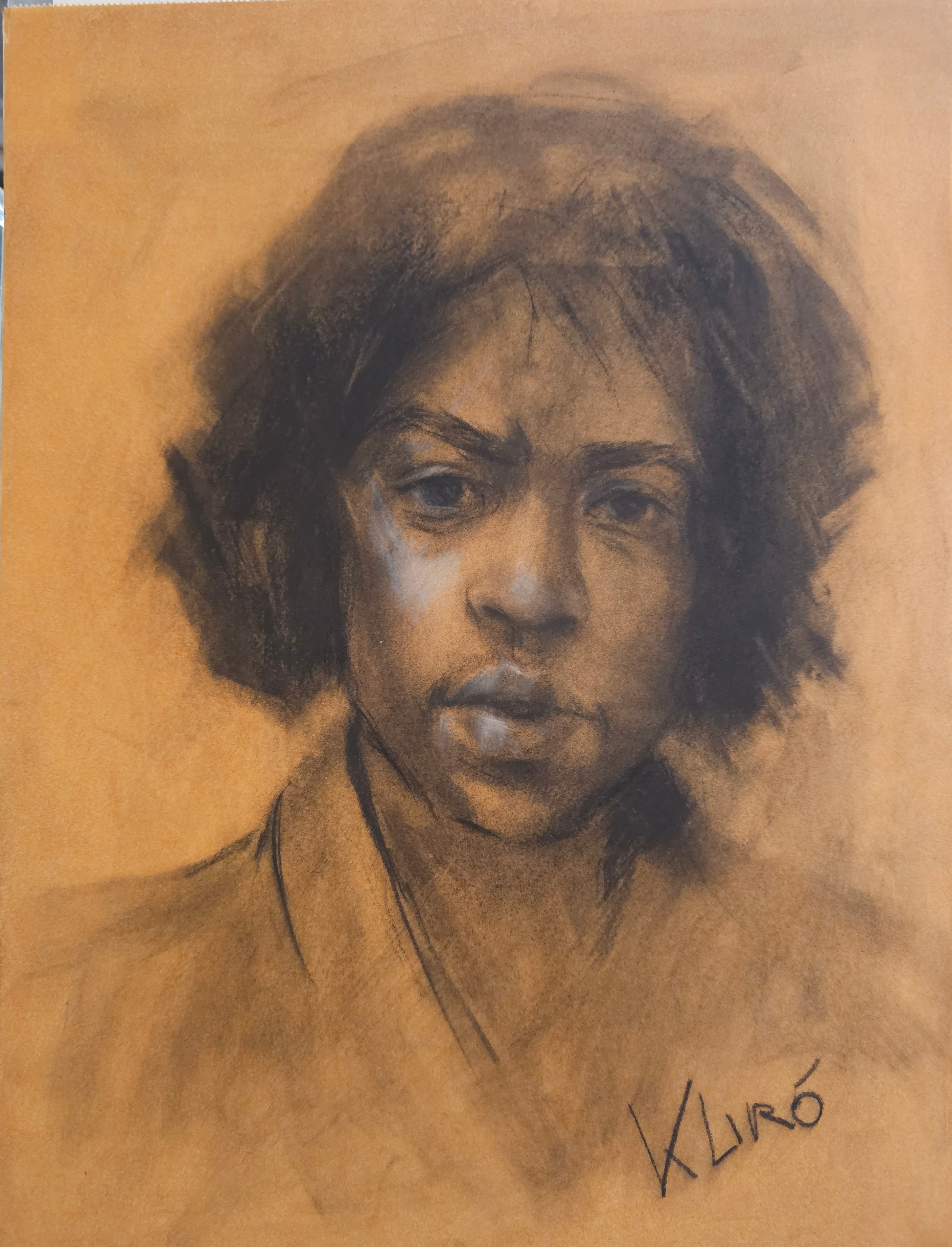 Ritratto a carboncino e olio di Klirò raffigurante volto di uomo portoricano 