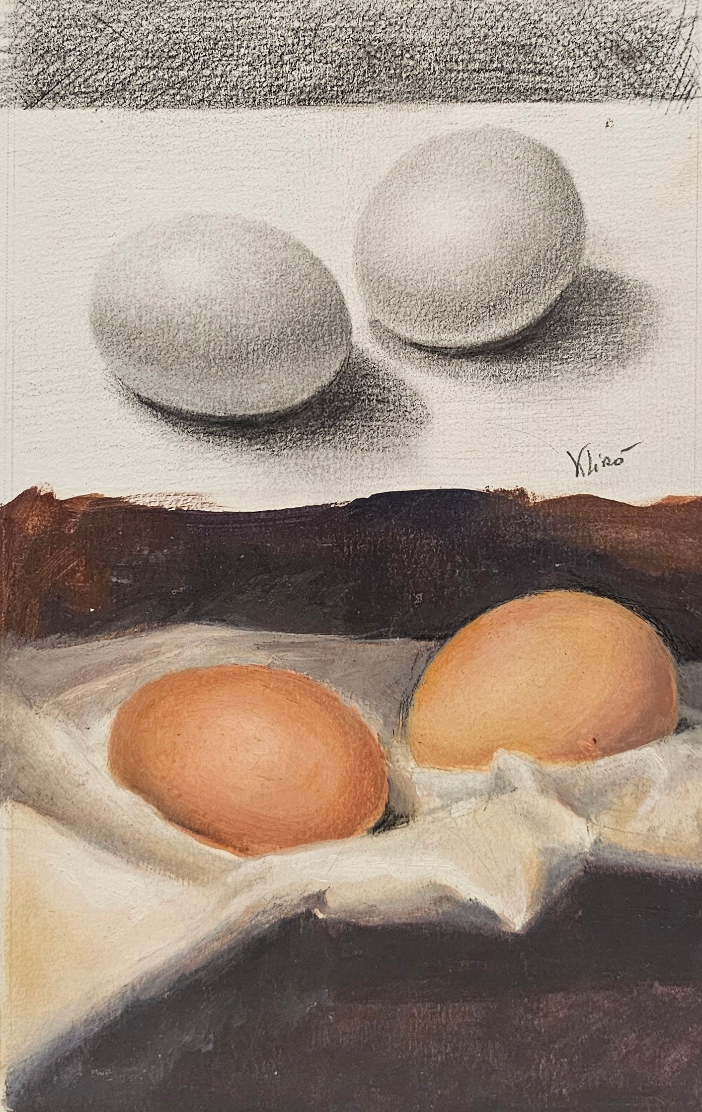 Studio sui valori tonali delle uova con bozzetto a matita e pittura ad olio di Klirò 