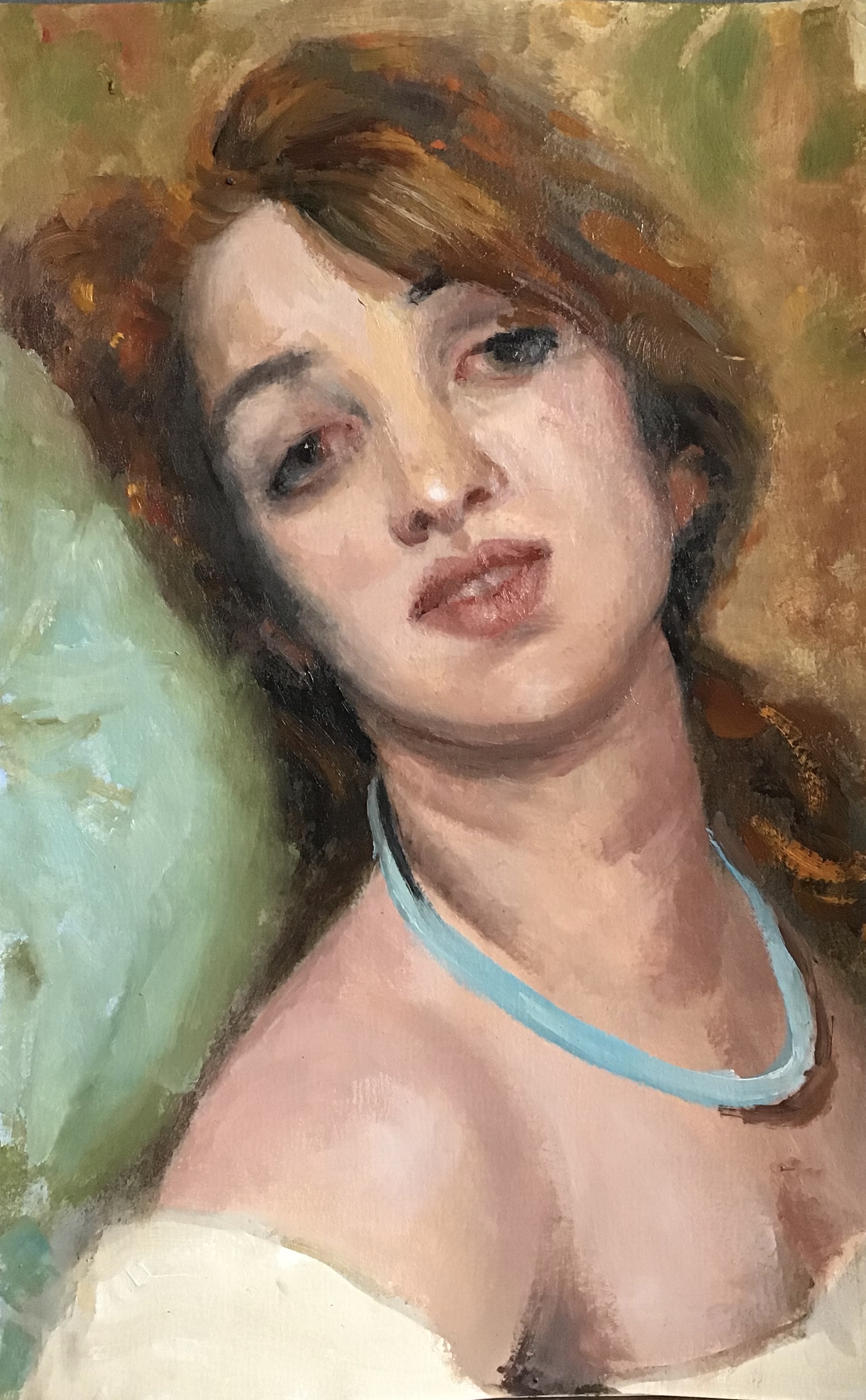 donna con collana turchese dipinto a olio pittura klirò