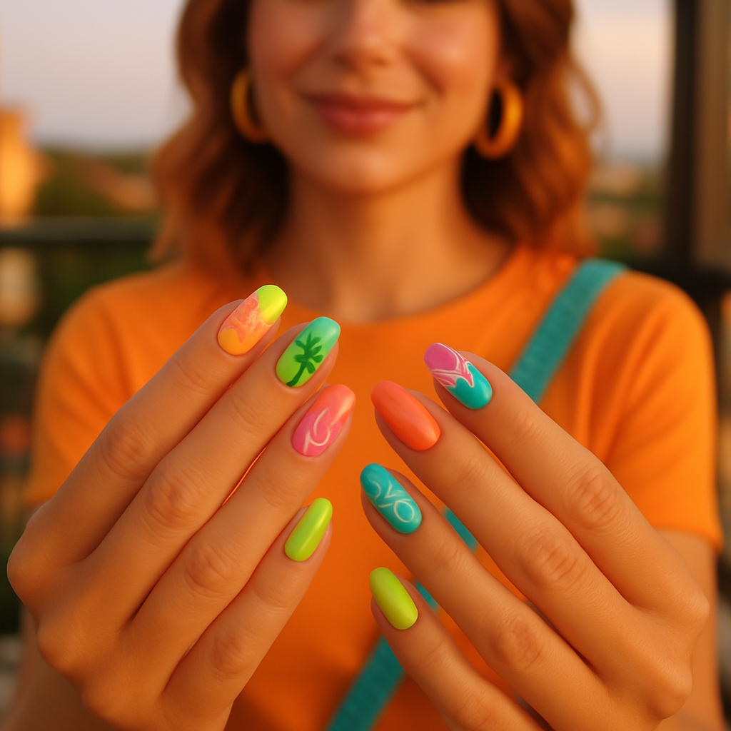 Neon Summer Vibes 🌴✨

Leuchtende Neonfarben treffen auf tropische Muster 🌺
Der perfekte Nail-Look für Strandtage und warme Sommernächte ☀️💅
Trau dich, auffällig zu sein ✨ – photo 1