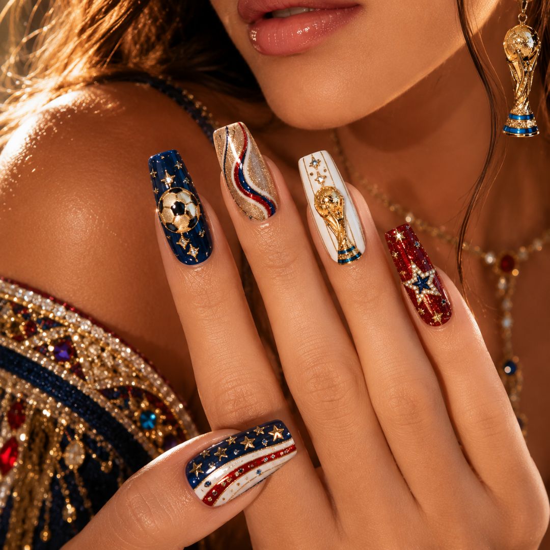 Champions wear gold. Legends wear art. 🏆✨ World Cup-inspired luxury nails with dazzling shine and unique details on every finger. 💙❤️🤍

#WorldCup #NailArt #LuxuryNails #FootballStyle #NailInspo #NailMe – photo 1