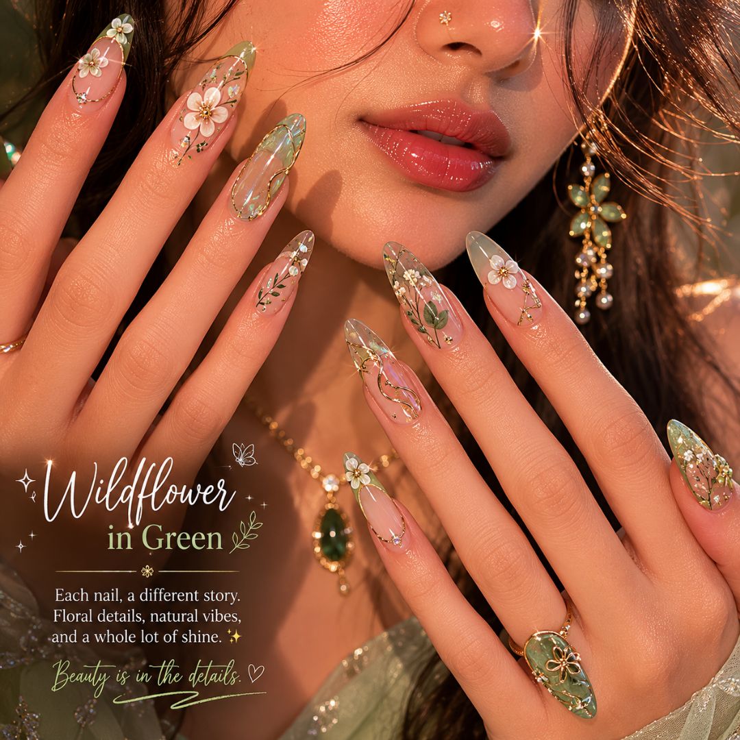 Wildflowers on my fingertips 🌿✨
हर nail एक अलग कहानी 💚 Floral details, glossy shine & soft luxury vibes.

#WildflowerNails #IndianBeauty #GreenNails #NailArt #LuxuryNails #GlossyNails
 – photo 1