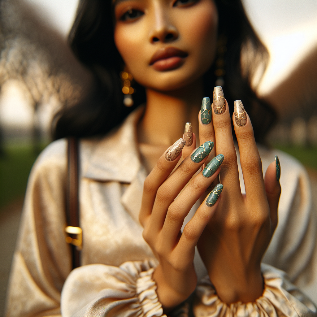 玉质感美甲，拿出来就是文化人 🍃✨
青玉底 + 金裂纹 = 高级感拉满
NailMe 找有实力的美甲师 🔗

#玉石美甲 #NailMe #质感美甲 – photo 1