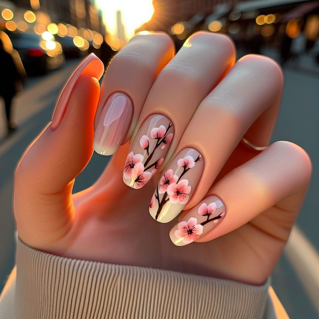 桃花盛开，指尖也开花了 🌺
🌺 透明底 + 工笔桃花 — 每一根都是艺术品 🌺
NailMe 上有最会手绘的美甲师 💅

#桃花美甲 #NailMe #手绘甲 – photo 1