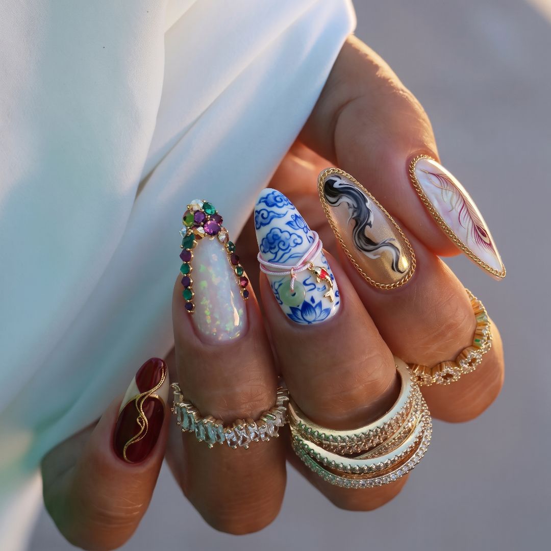 ✨ Fresh mix-and-match nail art inspiration! 💅 Each nail tells its own story with unique textures, gems, and intricate details. 🎨 Drop a comment below with your favorite design! 👇

#NailArt #NailInspo #NailDesign #MixedNailArt #GlamNails – photo 1