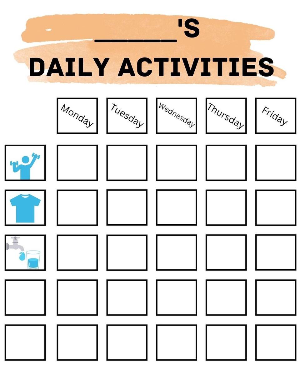 An Activities of Daily Living (ADL) chart that Katie developed for a child in her care.