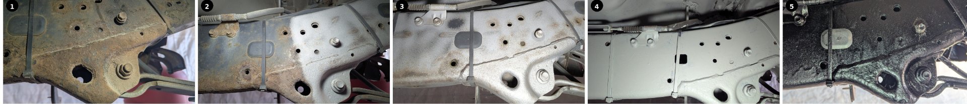 Porównanie ramy podczas poszczególnych etapów renowacji podwozia w Toyocie Hilux