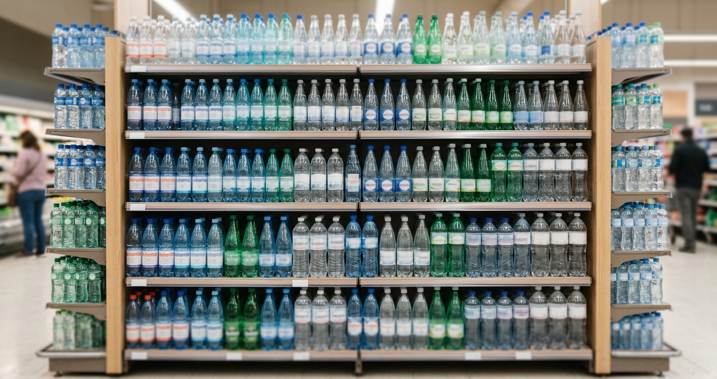 una góndola de supermercado llena de botellas de agua mineral de muchas marcas distintas, vista frontal