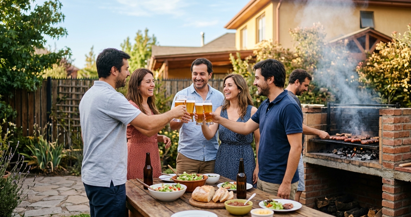 Amigos brindando con cerveza en un asado en el patio de una casa en Chile, verano, parrilla humeando, plano abierto