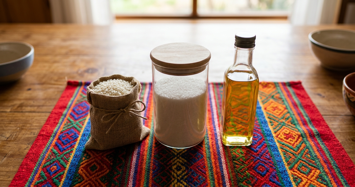 Vista cenital de productos de despensa básicos (azúcar, arroz, aceite) en envases simples sin marca sobre un mantel de colores vivos