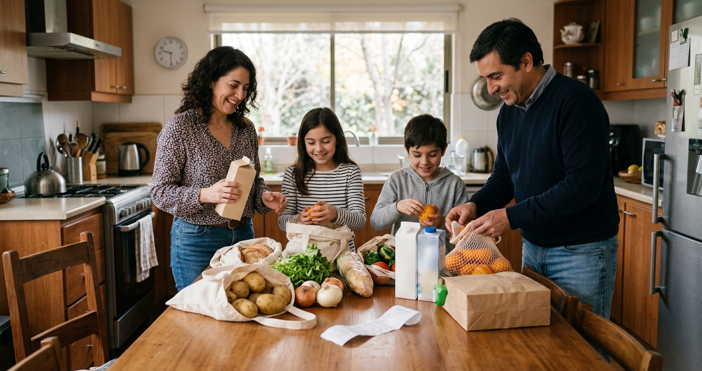 una familia chilena en la cocina de su casa desempacando bolsas de supermercado sobre la mesa, con una boleta al lado