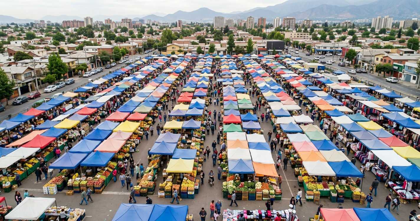 Vista aérea de una feria libre en Santiago con toldos de muchos colores y gente comprando, plano muy abierto
