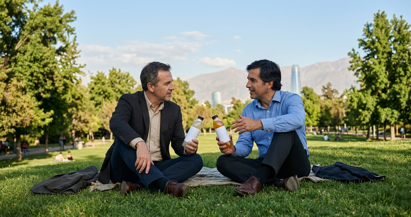 Dos amigos sentados en el pasto de un parque de Santiago comparando dos botellas de bebida distintas, tarde soleada, plano abierto con árboles verdes