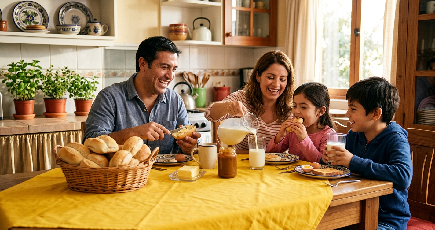 Familia de cuatro tomando desayuno en la cocina de su casa: una canasta de mimbre con pan, la mamá sirviendo leche en un vaso y un mantel amarillo sobre la mesa de madera