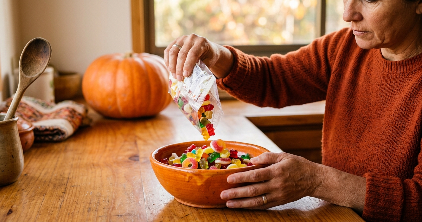 Manos de una persona adulta vaciando gomitas y caramelos de colores en un bol sobre una mesa de madera, con una calabaza naranja al fondo