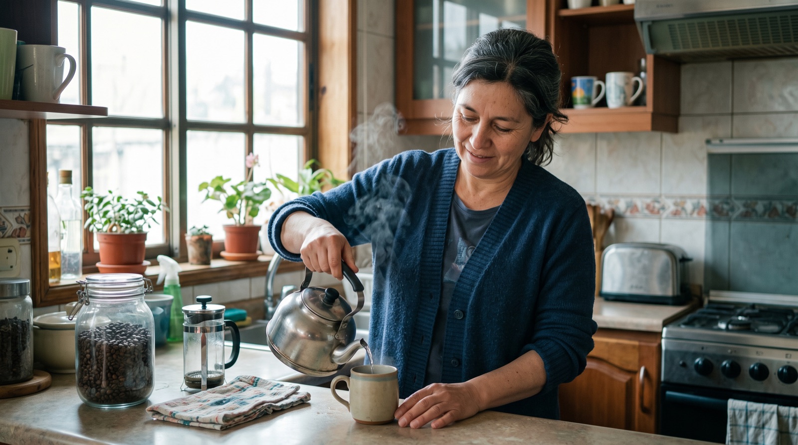 Una mujer preparando café en su cocina junto a la ventana, con un frasco de granos al lado