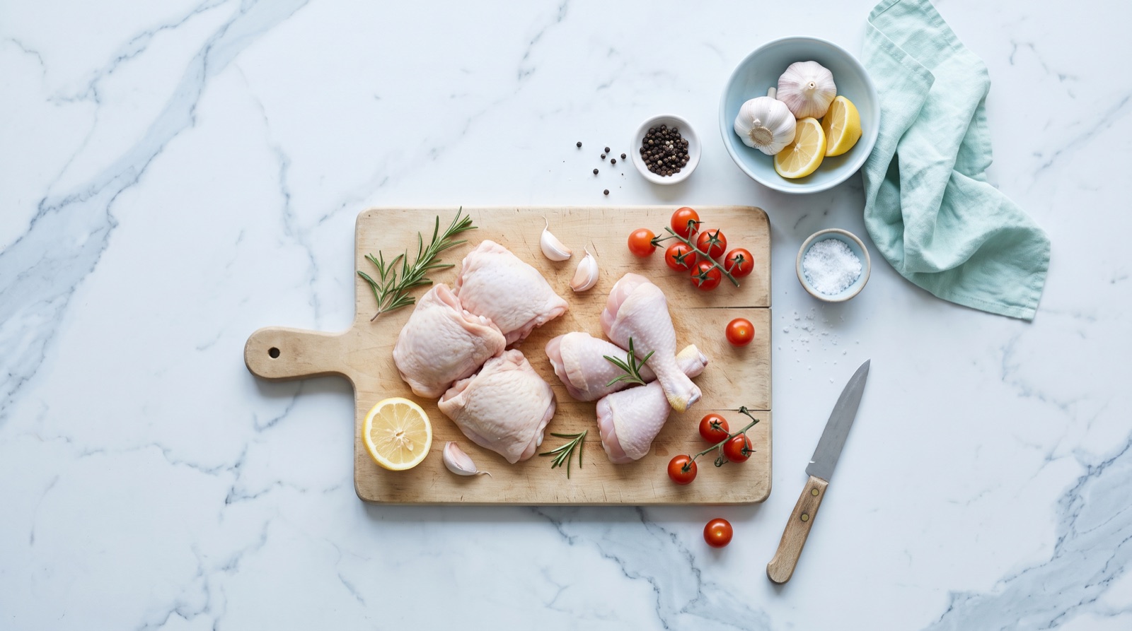 Presas de pollo crudo sobre una tabla con limón, ajo, romero y tomates cherry, vistas desde arriba