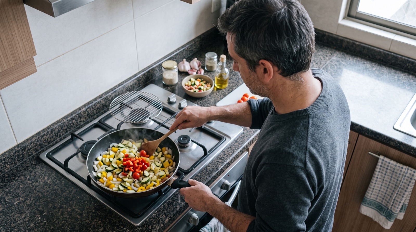 Un hombre cocinando verduras en una sartén, visto desde arriba