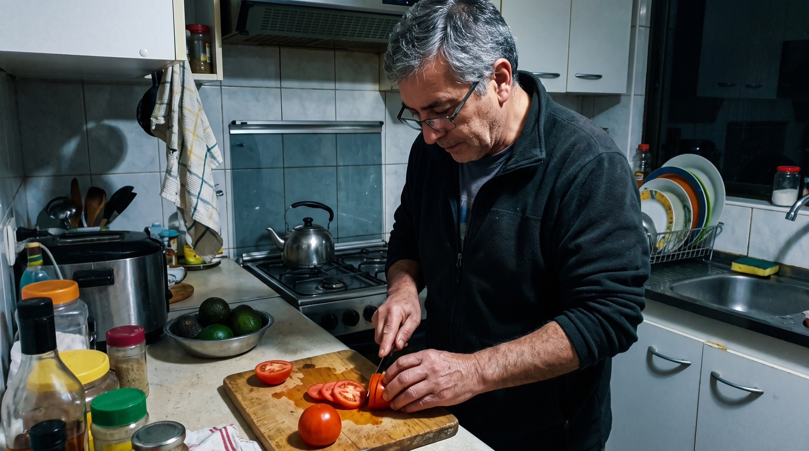 Un hombre cortando tomates rojos en el mesón de la cocina de noche