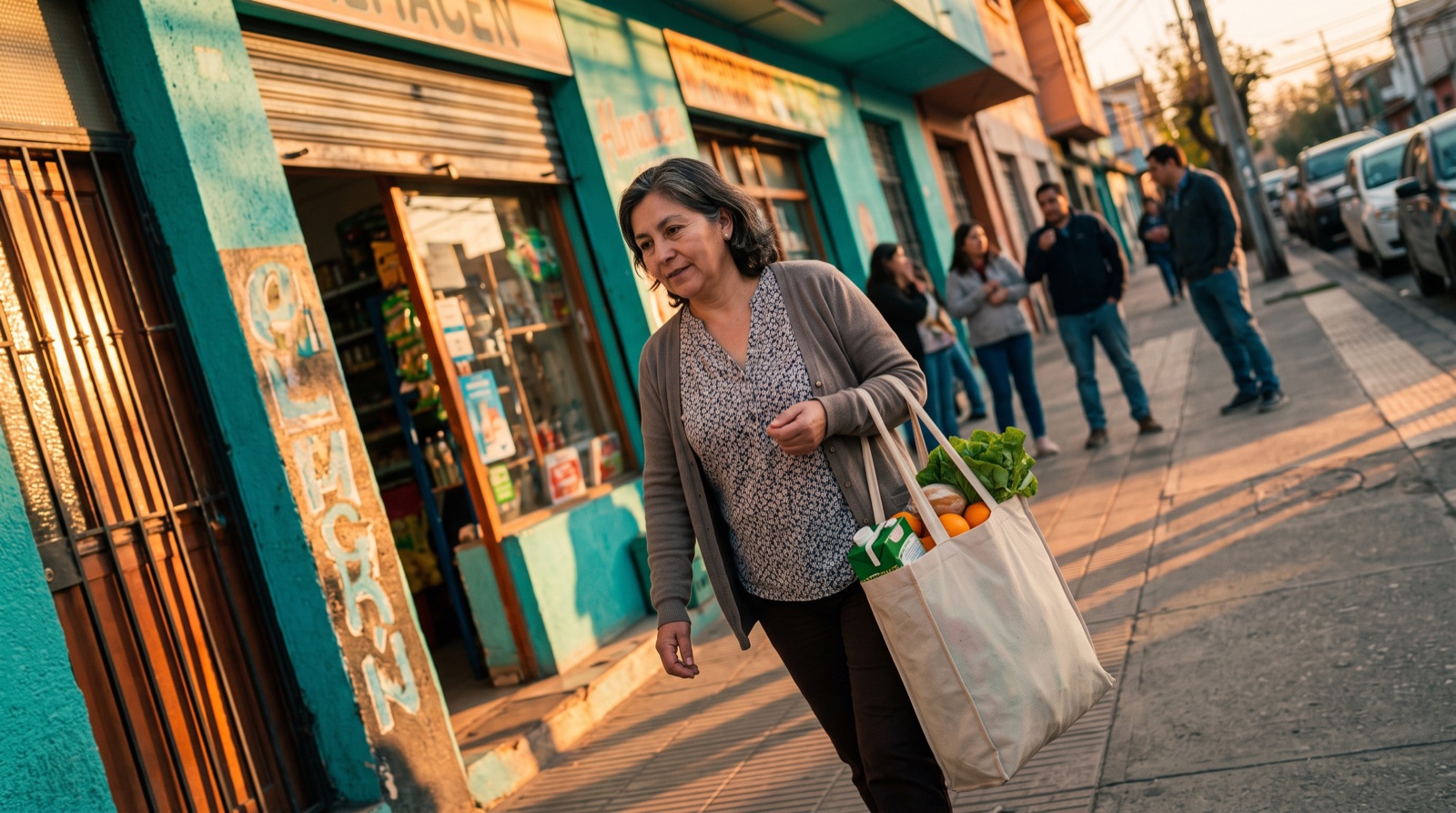 Una mujer saliendo de un almacén de barrio con una bolsa llena de productos básicos al atardecer