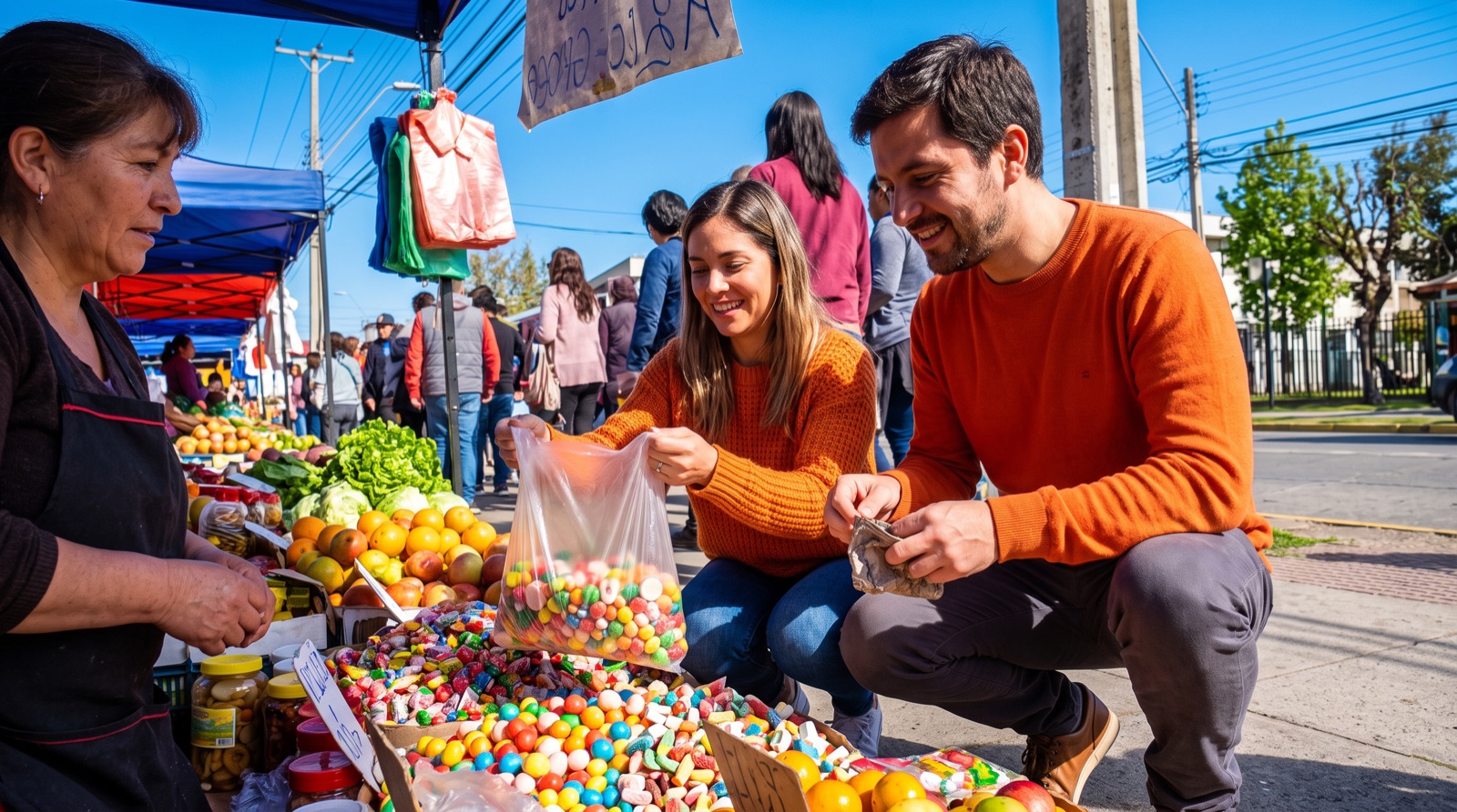 Una pareja con suéteres naranjos comprando una bolsa grande de dulces en un puesto al aire libre
