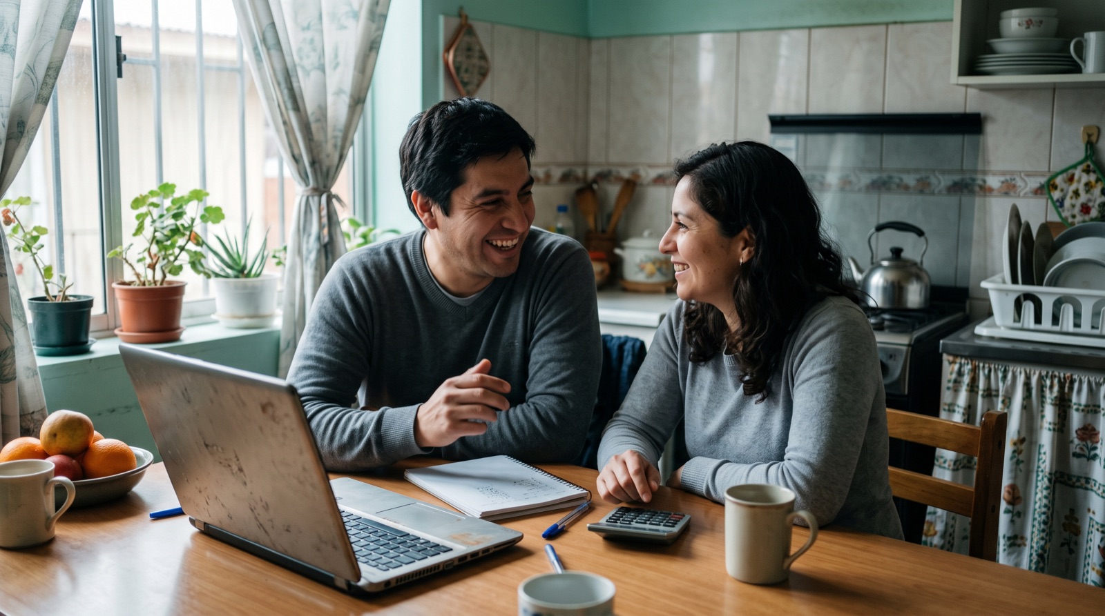 Una pareja planificando el presupuesto del hogar con notebook, cuaderno y calculadora junto a la ventana