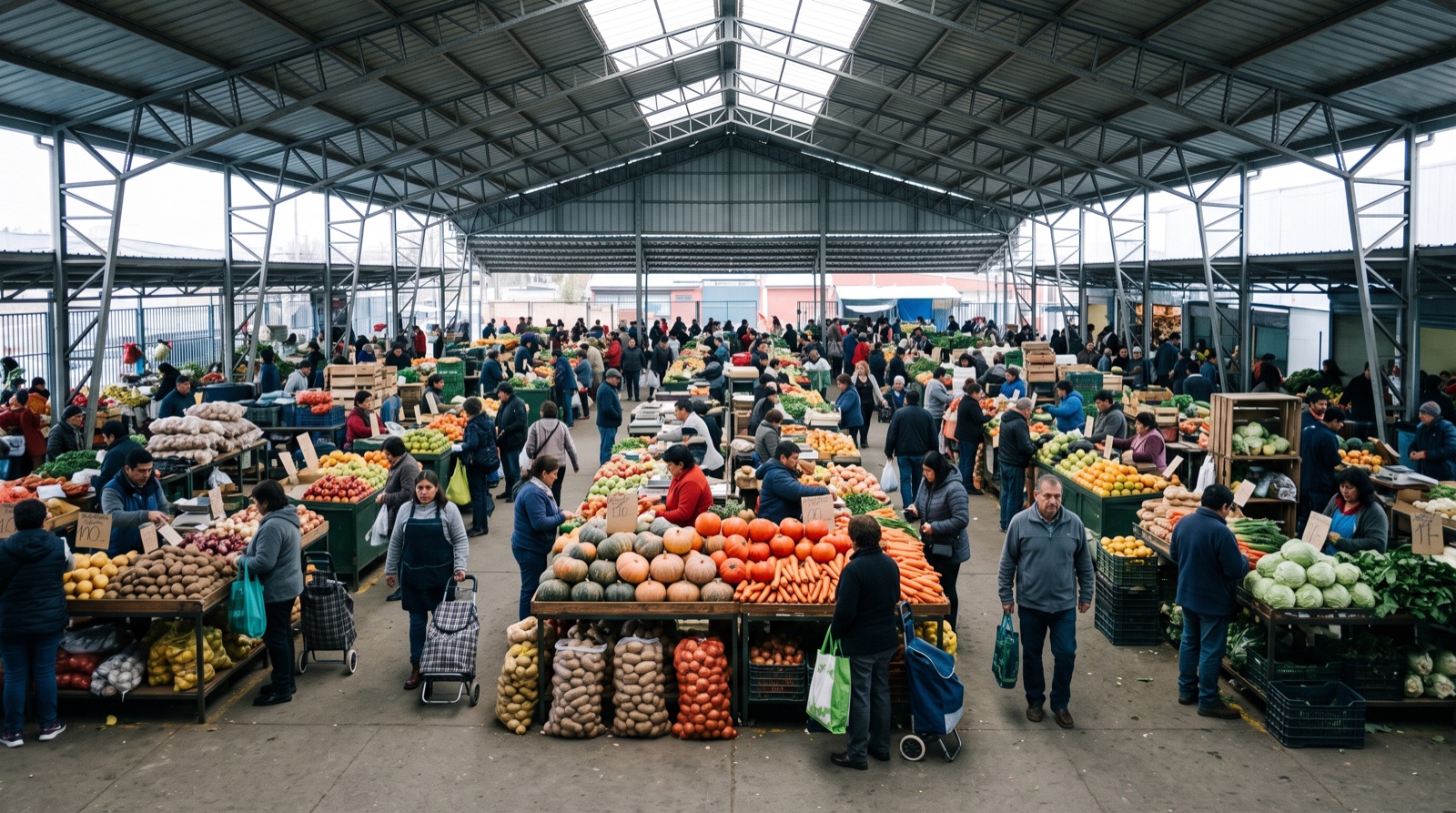 Mercado techado de barrio con puestos de frutas y verduras y compradores pequeños en el espacio