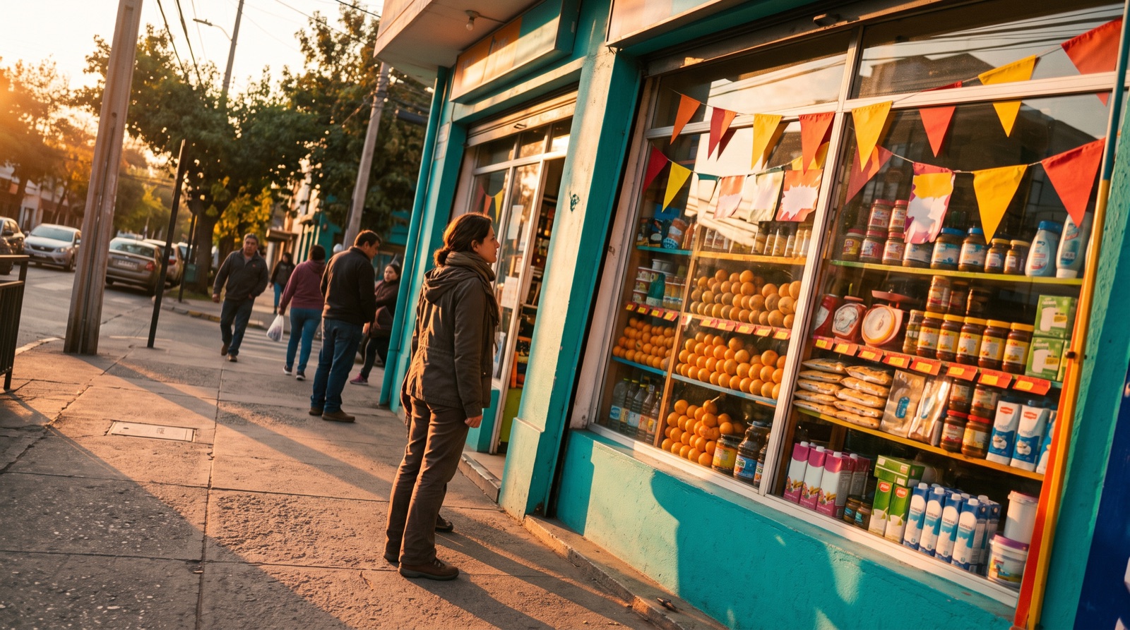 Una mujer mirando la vitrina colorida de un local de esquina con carteles de oferta